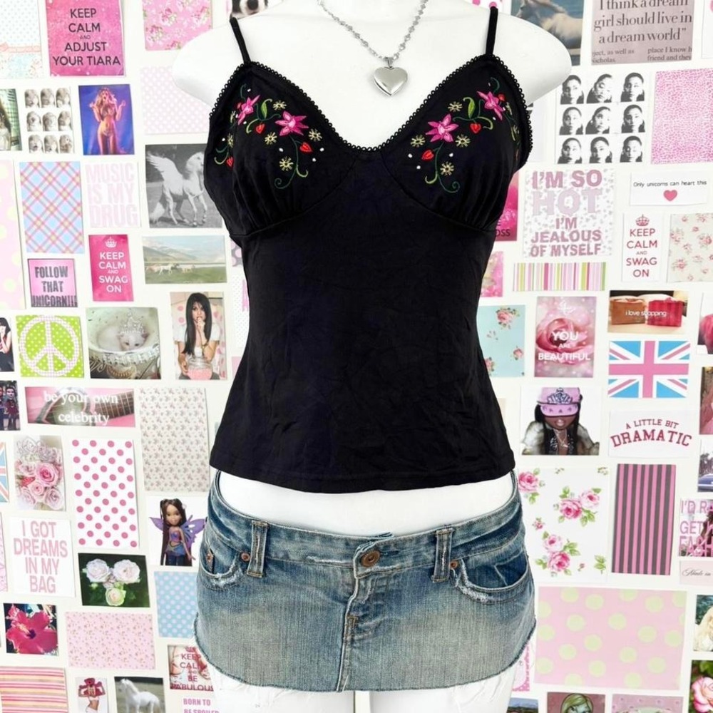 vintage black‎ floral embroidered cami top size small